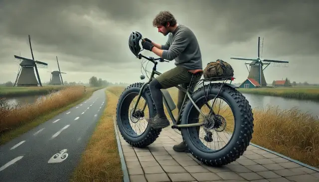 Man doet helm op op fatbike